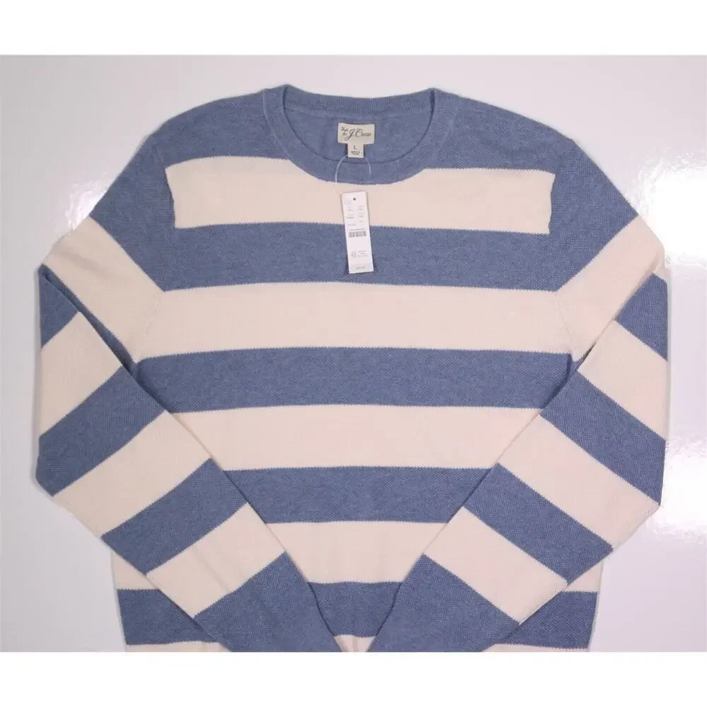 New! J. Crew Blue/White Cotton Piqué-Stitch Crewneck Sweater Large - Picture 4 of 8